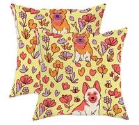 Set di 2 federe per cuscini con motivo a forma di cane, giocoso e fantasioso fiore cuore giallo primavera con cerniera nascosta, per casa, soggiorno, camera da letto, dormitorio, divano, decorazione