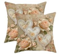 Set di 2 federe per cuscini con motivo a rose, romantiche e shabby chic con cuore in pizzo primaverile, pesca primaverile, con cerniera nascosta, per soggiorno, letto, ufficio, divano, sedia