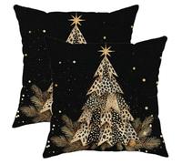 Set di 2 federe per cuscini con motivo albero di Natale, moderne e festive, con stampa leopardata dorata, con cerniera nascosta, per casa, soggiorno, camera da letto, dormitorio, divano, decorazione