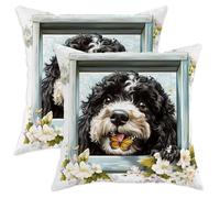 Set di 2 federe per cuscini con motivo cane d'acqua portoghese primaverile, 40,6 x 40,6 cm, morbide e divertenti, con cerniera, in velluto, decorazione per la casa, divano, soggiorno, letto