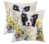 Set di 2 federe per cuscini con motivo floreale con Border Collie, decorazione primaverile quadrata, decorazione per casa, divano, letto, 40,6 x 40,6 cm