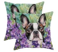 Set di 2 federe per cuscini con motivo floreale primaverile con cane Boston Terrier, colore bianco e nero, decorazione per esterni, quadrate, per divano, letto, 45,7 x 45,7 cm
