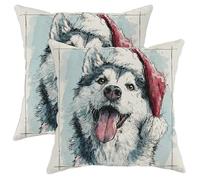 Set di 2 federe per cuscini con motivo husky, cappello di Babbo Natale con sfondo blu, in morbido velluto bianco, lavabili, per soggiorno, camera da letto, loft, ufficio, auto, decorazione 50 x 50 cm