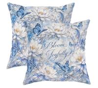 Set di 2 federe per cuscini con motivo ninfea, eleganti e ispirate alla natura, farfalla, perla primavera, blu, in morbido velluto, lavabile, per soggiorno, letto, ufficio, divano, sedia, decorazione