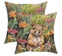 Set di 2 federe per cuscini con motivo scoiattolo, 16x16 cm, morbidissimi cuscini con motivo e fiori selvatici, con cerniera, decorazioni fantastiche per divano, soggiorno, veranda