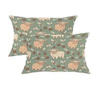 Set di 2 federe per cuscini con mucca delle Highland, rustiche, agrifoglio, pigna, verde inverno, con cerniera nascosta, cuscini decorativi per casa, soggiorno, camera da letto, dormitorio, divano, 50