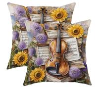 Set di 2 federe per cuscini con musica vintage, violino e fiori, decorazione autunnale, quadrate, rustiche, per casa, divano, letto, 50 x 50 cm