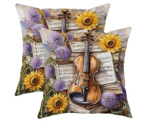 Set di 2 federe per cuscini con musica vintage, violino e fiori, decorazione autunnale, quadrate, rustiche, per casa, divano, letto, 50 x 50 cm
