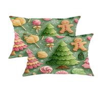 Set di 2 federe per cuscini con omino di pan di zenzero, albero di Natale lecca lecca, verde, in morbido velluto, lavabile, per soggiorno, appartamento, letto, divano, 50 x 30 cm