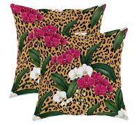 Set di 2 federe per cuscini con orchidea tropicale e leopardo, foglie estive e pesca, con cerniera nascosta, decorative, per soggiorno, letto, ufficio, divano, sedia, 50 x 50 cm