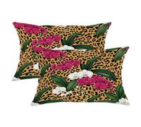 Set di 2 federe per cuscini con orchidea tropicale e leopardo, foglie estive e pesca, con cerniera nascosta, per soggiorno, appartamento, letto, divano, 50 x 30 cm
