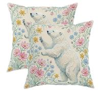 Set di 2 federe per cuscini con orso polare, fantasiosi motivi ispirati alla natura, fiori e viti primaverili, in morbido velluto bianco, lavabile, per soggiorno, appartamento, letto, divano, 30,5 x