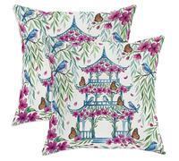 Set di 2 federe per cuscini con pagoda, motivo botanico orientale, uccello, fiore primaverile, blu, con cerniera nascosta, per soggiorno, camera da letto, loft, ufficio, auto, decorazione 45,7 x 45,7