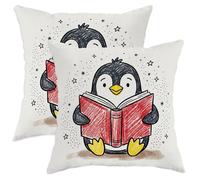 Set di 2 federe per cuscini con pinguino, fantasiosi libri giocosi con stelle, nessuna nera, in morbido velluto lavabile, con accenti decorativi, per soggiorno, appartamento, letto, divano, 45,7 x