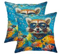 Set di 2 federe per cuscini con procione subacqueo, colorate, motivo animali dell'oceano, divertenti e decorative, quadrate, per casa, divano, letto, 40,6 x 40,6 cm