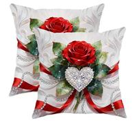 Set di 2 federe per cuscini con rose, romantiche ed eleganti con nastro a forma di cuore, in morbido velluto rosso, lavabili, decorative, per casa, camera da letto, soggiorno, divano, 45,7 x 45,7 cm