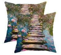 Set di 2 federe per cuscini con rose romantiche, sentieri in legno con acqua e primavera, pesca con cerniera nascosta, per casa, soggiorno, camera da letto, dormitorio, divano, decorazione 40,6 x 40,6