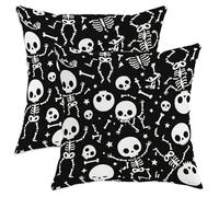 Set di 2 federe per cuscini con scheletro, fantasioso teschio di Halloween, nero, con cerniera nascosta, per casa, camera da letto, soggiorno, divano, decorazione 50 x 50 cm
