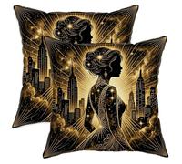 Set di 2 federe per cuscini con silhouette artistica, elegante paesaggio urbano con stelle N/a oro, con cerniera nascosta, per soggiorno, camera da letto, loft, ufficio, auto, decorazione 40,6 x 40,6