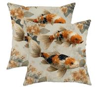 Set di 2 federe per cuscini con stampa di carpa, fiori artistici della natura, foglie senza arancione, con cerniera nascosta, per soggiorno, appartamento, letto, divano, 50,8 x 50,8 cm