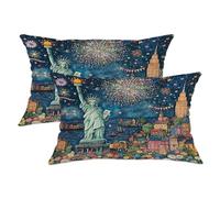 Set di 2 federe per cuscini con statua di tiro, fantasiosi fuochi d'artificio con paesaggio urbano e giorno dell'indipendenza blu, con cerniera nascosta, per casa, soggiorno, camera da letto