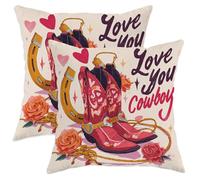 Set di 2 federe per cuscini con stivali da cowboy, romantiche rose a ferro di cavallo in stile occidentale, San Valentino, in morbido velluto, lavabili, quadrate, per soggiorno, letto, ufficio, divano