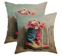 Set di 2 federe per cuscini con stivali, rustici, fiori di campagna, recinzione, primavera, pesca, con cerniera nascosta, per casa, soggiorno, camera da letto, dormitorio, divano, decorazione 35,5 x