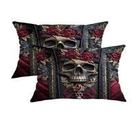 Set di 2 federe per cuscini con teschio gotico, motivo floreale nero e rosso, decorazione per la casa di Halloween, per divano e letto, 50 x 30 cm