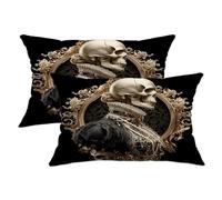 Set di 2 federe per cuscini con teschio gotico, nero, vintage, decorative, per Halloween, casa, divano, letto, 50 x 30 cm