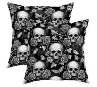 Set di 2 federe per cuscini con teschio, gotico vintage, rosa, farfalla, Halloween, nero, con cerniera nascosta, per casa, camera da letto, soggiorno, divano, decorazione 35,5 x 35,5 cm