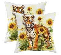 Set di 2 federe per cuscini con tigre, motivo floreale arancione, con animali, decorative, quadrate, per casa, divano, letto, 45,7 x 45,7 cm