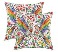 Set di 2 federe per cuscini con uccelli colorati, bohémien, fiori e foglie primaverili, con cerniera nascosta, per casa, camera da letto, soggiorno, divano, decorazione 40,6 x 40,6 cm