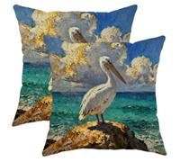 Set di 2 federe per cuscini con uccelli costieri, impressionismo, nuvole costiere, oceano, estate, turchese, con cerniera nascosta, decorative, per soggiorno, appartamento, letto, divano, 35,5 x 35,5