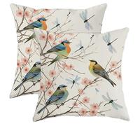 Set di 2 federe per cuscini con uccelli, fiori di ciliegio, libellule primaverili, in morbido velluto pastello, lavabili, quadrate, per soggiorno, camera da letto, loft, ufficio, auto, decorazione