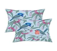 Set di 2 federe per cuscini con uccello, fiori e foglie blu primaverili, con cerniera nascosta, cuscini decorativi per soggiorno, letto, ufficio, divano, sedia, 50 x 30 cm