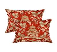 Set di 2 federe per cuscini con uccello, pagoda tradizionale orientale, senza rosso, in morbido velluto, lavabile, per soggiorno, appartamento, letto, divano, 50 x 30 cm