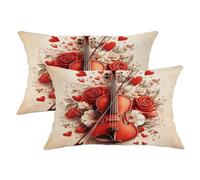 Set di 2 federe per cuscini con violino, romantiche rose e cuori di San Valentino, in morbido velluto rosso, lavabili, decorative per casa, soggiorno, camera da letto, dormitorio, divano, 50 x 30 cm
