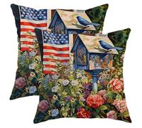 Set di 2 federe per cuscini da giardino, bandiera americana, casella postale, uccello, fiori, piante, campagna, colorato, in morbido velluto, con cerniera, per interni ed esterni, sedia da ufficio