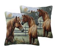 Set di 2 federe per cuscini decorativi in lino con ricami di animali, cavalli, federe bifacciali, morbide e traspiranti, 22"x22" federa da fattoria per arredamento da casa, regalo