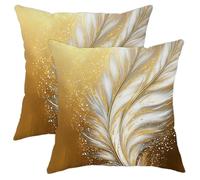 Set di 2 federe per cuscini eleganti con piume dorate, colore bianco e oro, lussuose decorazioni quadrate, per divano, decorazione della casa, 50 x 50 cm