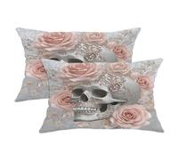 Set di 2 federe per cuscini eleganti con teschio e rosa, design floreale argento, decorazione quadrata per Halloween, decorazione per la casa per divano letto divano 50 x 30 cm