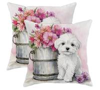Set di 2 federe per cuscini floreali con cane, bouquet di fiori di pesca, decorazioni primaverili da giardino, per casa, divano, letto, divano, 45,7 x 45,7 cm