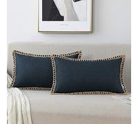 Set di 2 federe per cuscini in iuta con bordi su misura, decorative per letto, casa, esterni (2 pezzi, 30,5 x 50,8 cm, blu scuro 3/fascia in lino)