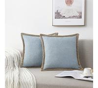 Set di 2 federe per cuscini in iuta di lino con bordi su misura, decorative per letto, casa, esterni, 55,9 x 55,9 cm, blu