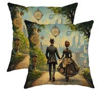 Set di 2 federe per cuscini in stile steampunk, design vintage con ingranaggi e coppie, decorative, quadrate, per divano letto, divano, 40,6 x 40,6 cm