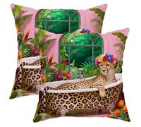Set di 2 federe per cuscini leopardate con fiori tropicali fantasiosi e vasca da bagno, in morbido velluto verde, lavabili, decorative per casa, camera da letto, soggiorno, divano, 71 x 71 cm