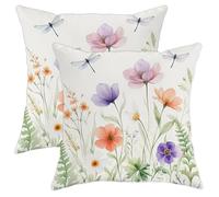 Set di 2 federe per cuscini, motivo floreale, natura, libellula, foglia, primavera, pastello con cerniera nascosta, per casa, camera da letto, soggiorno, divano, decorazione 35,5 x 35,5 cm