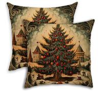 Set di 2 federe per cuscini natalizi, con albero di pino, stile vintage, innevato, invernale, verde, linea morbida, decorazione per la stanza, auto, portico, ragazzo, ragazza, adulti, ufficio, divano