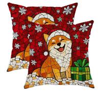 Set di 2 federe per cuscini natalizi, motivo cane Shiba Inu con cappello di Babbo Natale, decorative, quadrate, per l'inverno, casa, divano, letto, 40,6 x 40,6 cm