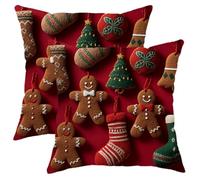 Set di 2 federe per cuscini natalizie, motivo omino di pan di zenzero e albero, decorative, per casa, divano, letto, divano, 35,5 x 35,5 cm